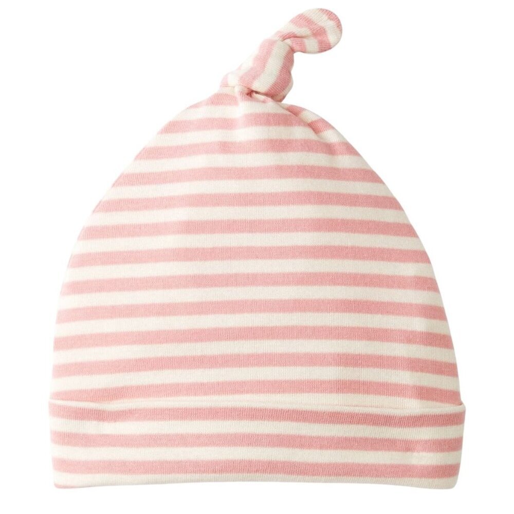 NEW Hanna Andersson Baby Layette Top Knot Beanie Hat, Ecru/Blush Pink - Sz Small